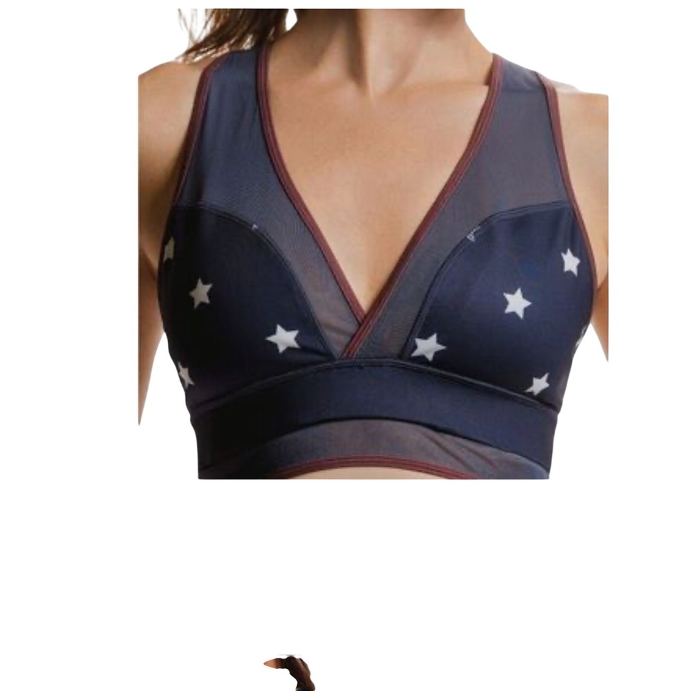 Alexo Athletica Navy Blue Star‎ Print Mesh Racerback Sports Bra Small Patriotic